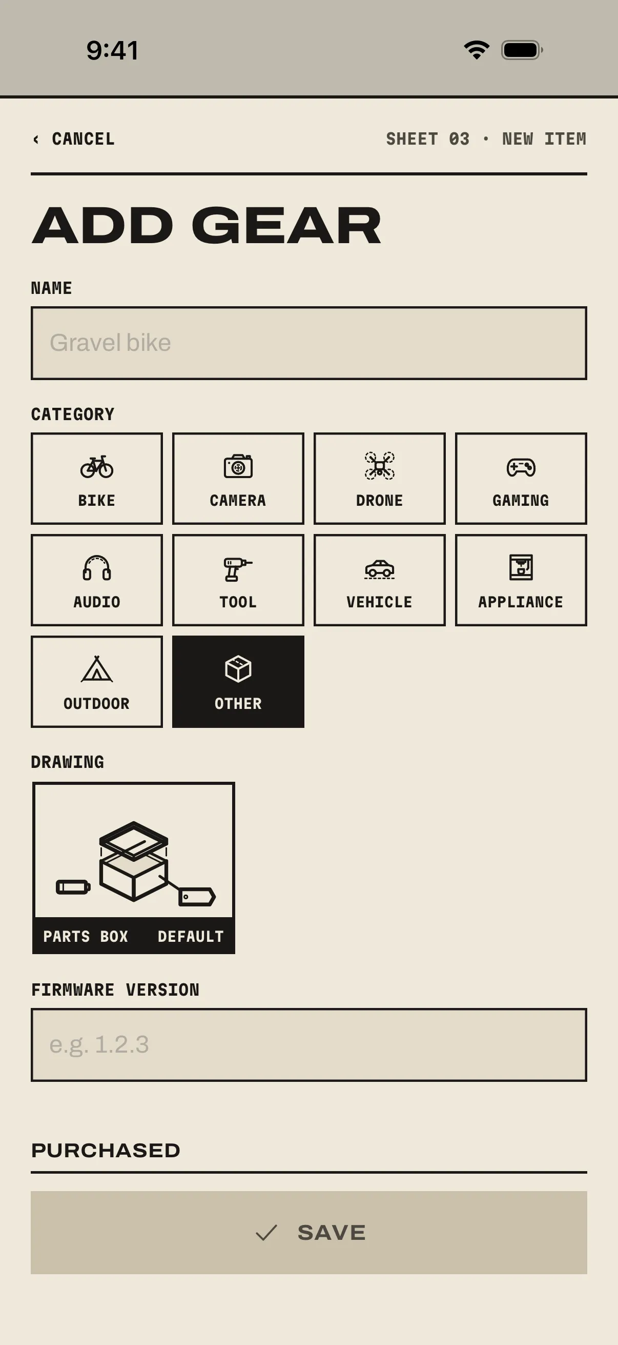 The Add gear page: Name, the category grid with Other selected, the Drawing chooser, Firmware version and Purchased.