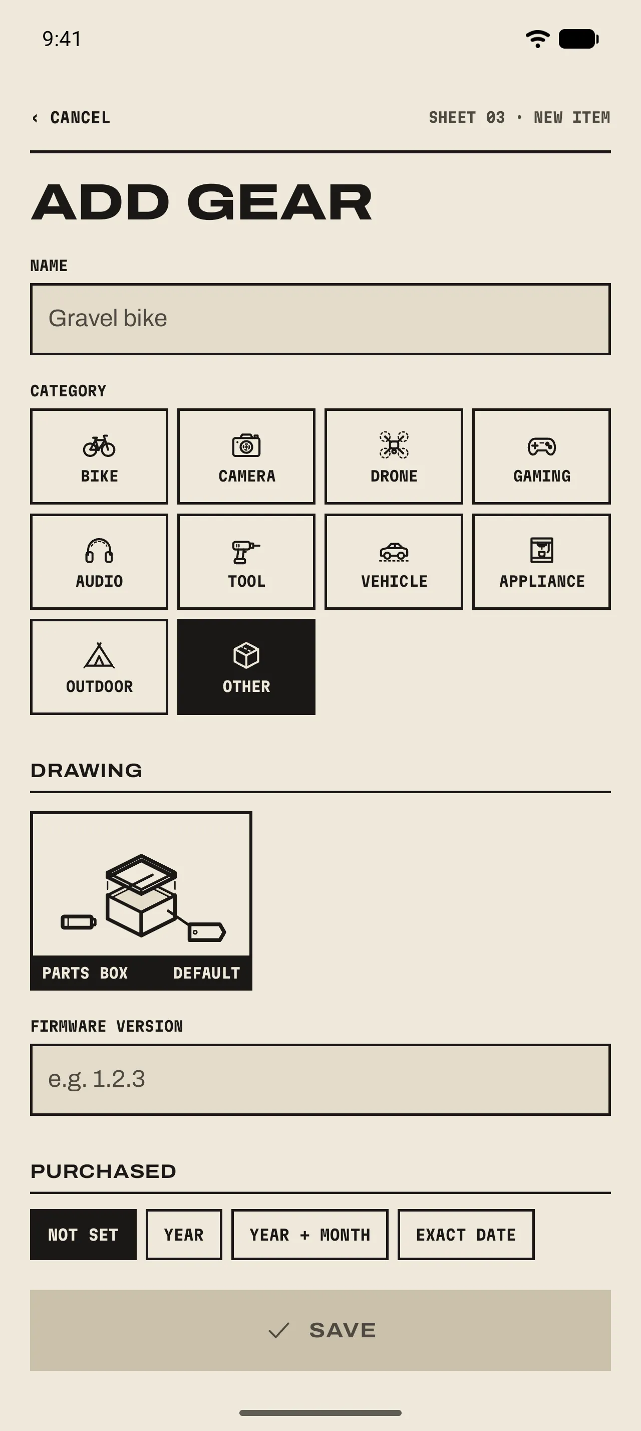 The Add gear page: Name, the category grid with Other selected, the Drawing chooser, Firmware version and Purchased.