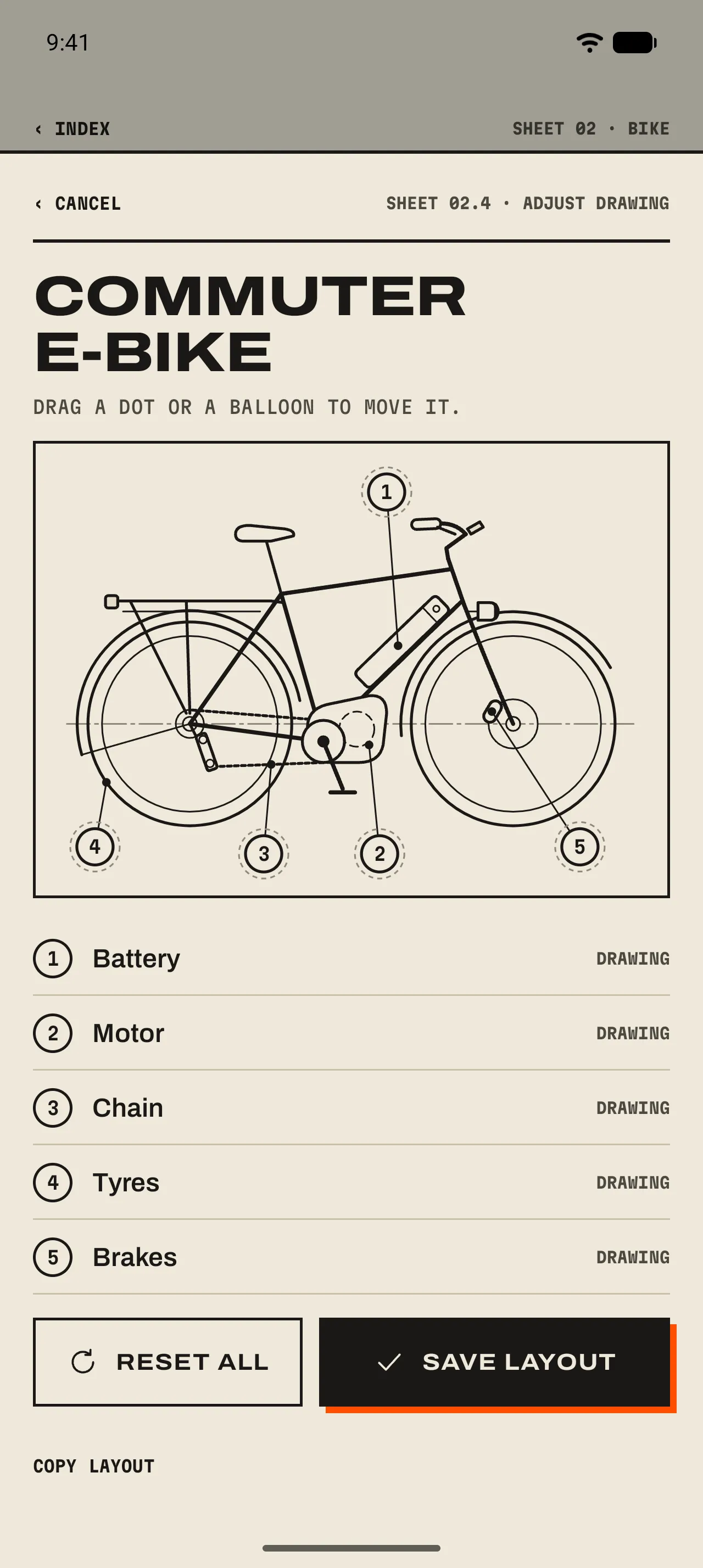 Adjust drawing for the Commuter e-bike: the drawing with five numbered points, the list Battery, Motor, Chain, Tyres, Brakes marked Drawing, and Reset all and Save layout.