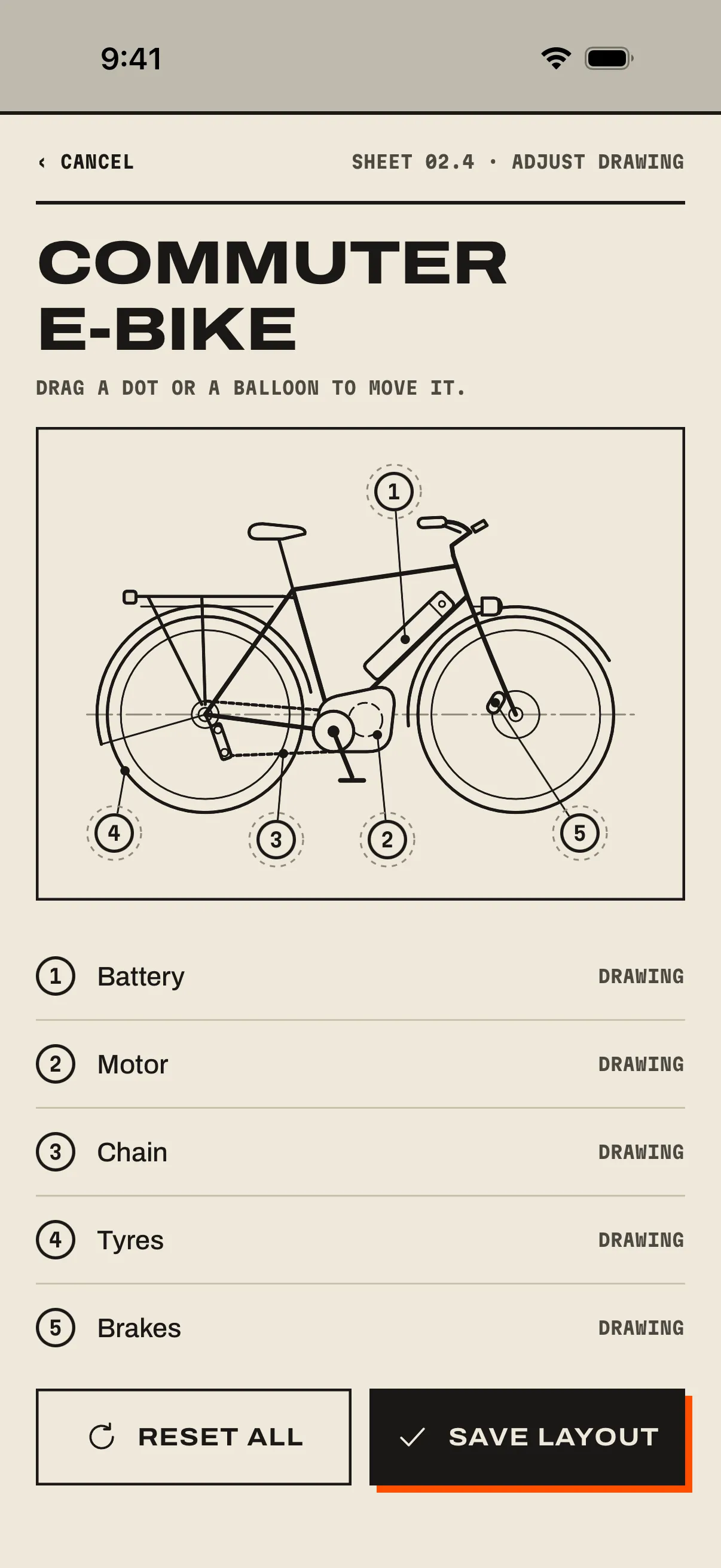 Adjust drawing for the Commuter e-bike: the drawing with five numbered points, the list Battery, Motor, Chain, Tyres, Brakes marked Drawing, and Reset all and Save layout.