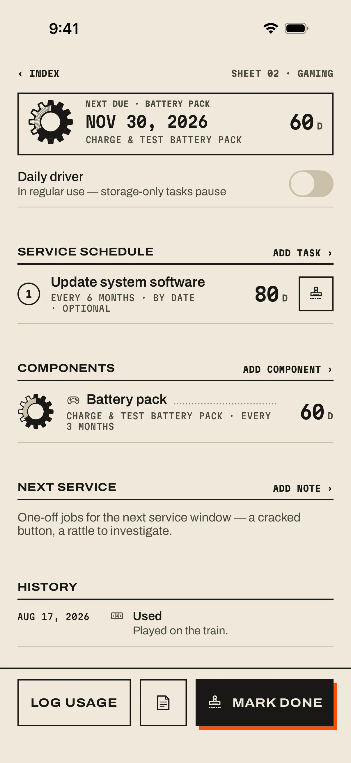 The Retro handheld page: Next due · Battery pack with Charge & test battery pack in 60 days, the Service schedule with Update system software, and Components with the Battery pack.