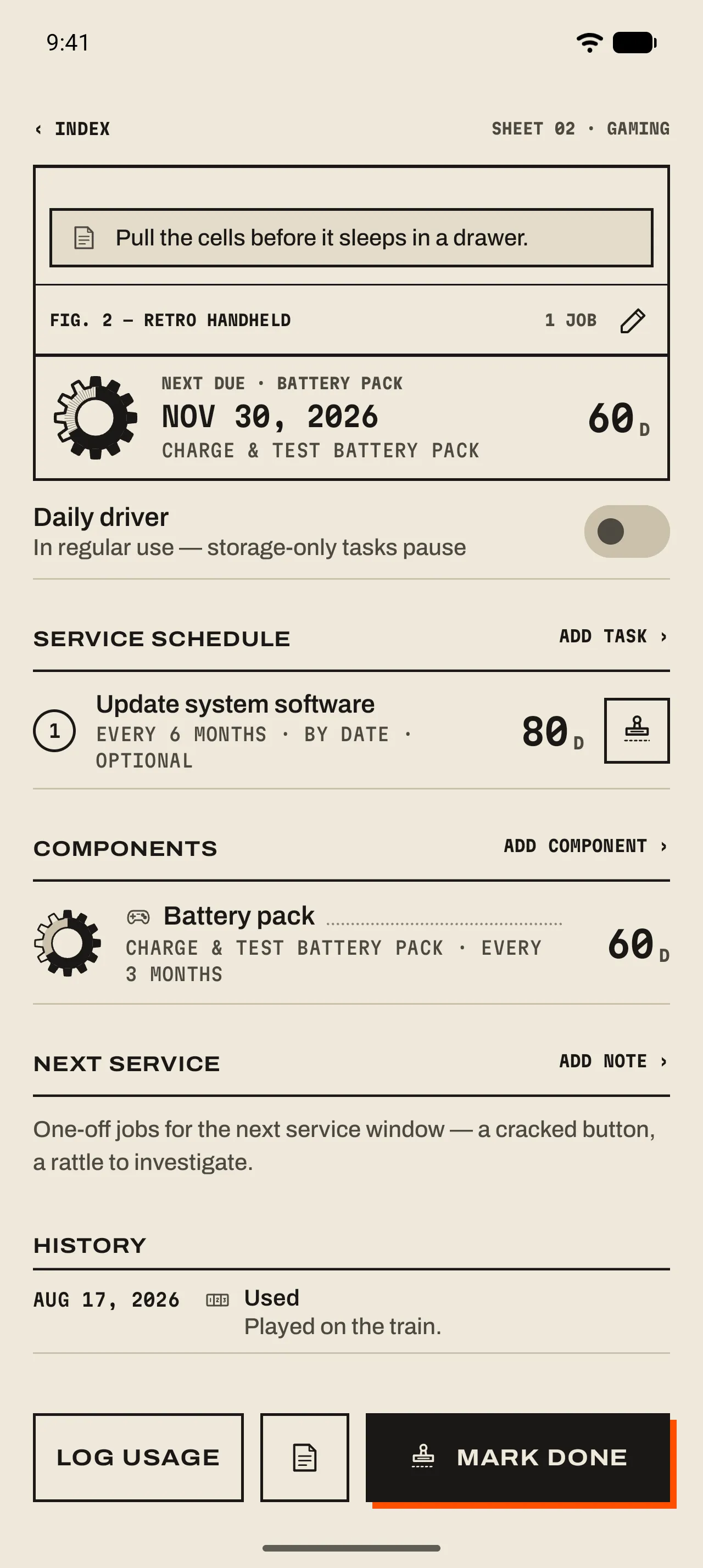 The Retro handheld page: Next due · Battery pack with Charge & test battery pack in 60 days, the Service schedule with Update system software, and Components with the Battery pack.