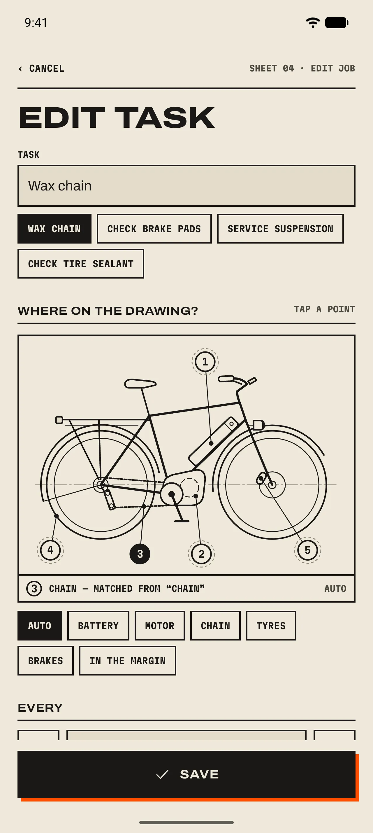 Edit task for Wax chain: the Task field, suggestion tabs, Where on the drawing? with the e-bike and balloon 3 on the chain, the caption Chain — matched from “chain”, and the Auto chip.
