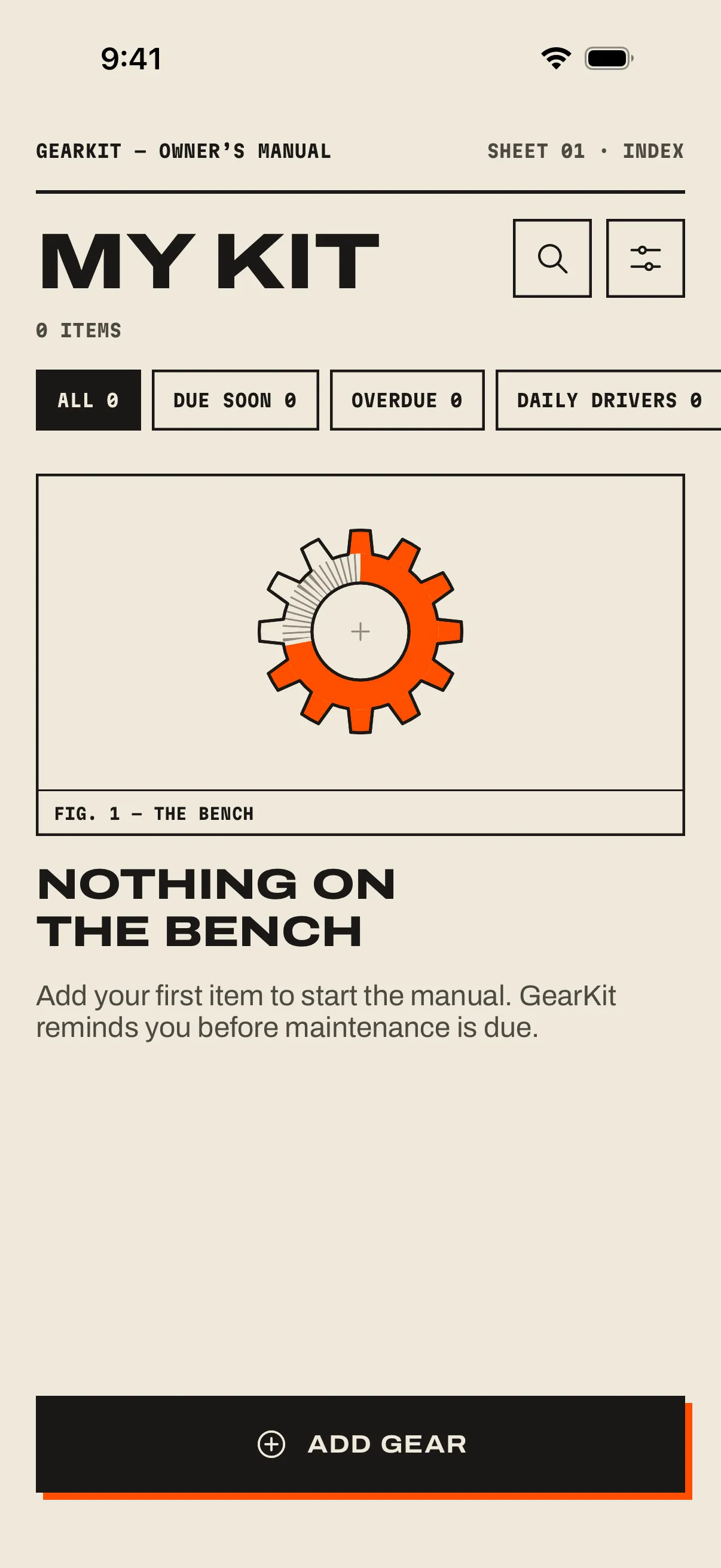 Home with no gear: the brand gauge on a plate, Nothing on the bench, and the Add gear button.