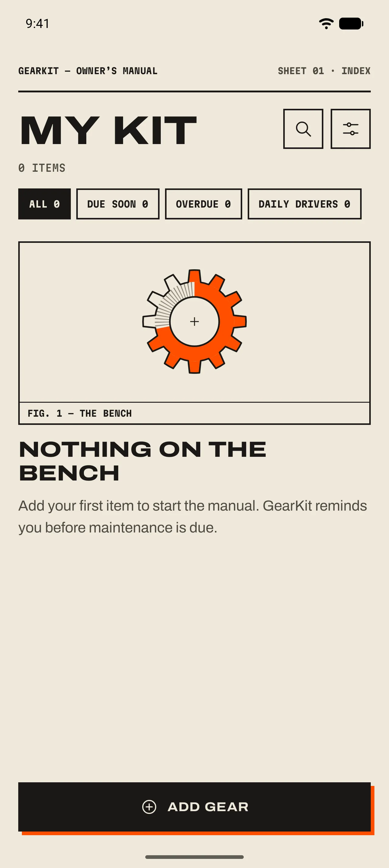 Home with no gear: the brand gauge on a plate, Nothing on the bench, and the Add gear button.