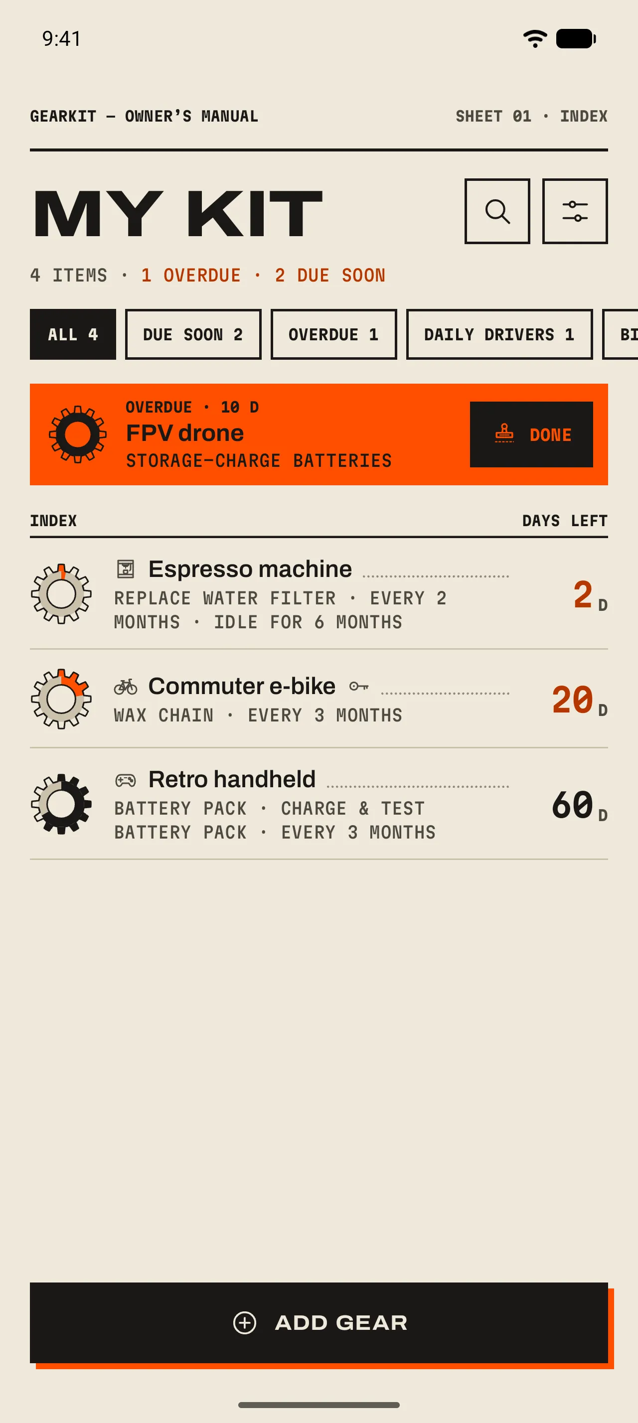 Home with four items: one overdue banner for the FPV drone, then Espresso machine, Commuter e-bike and Retro handheld with their gauges and days left.
