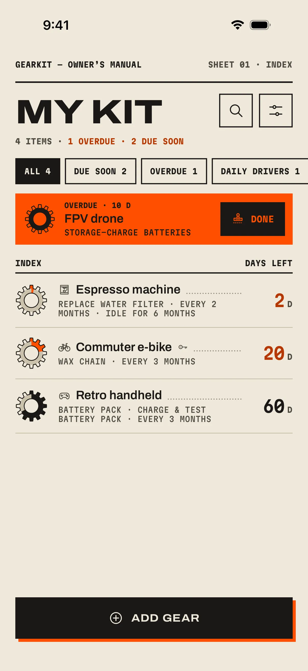 GearKit’s Index screen: a list of gear, each with a gear-shaped gauge and the days left to its next job.