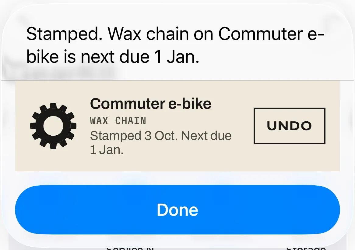 Siri’s reply: Stamped. Wax chain on Commuter e-bike is next due 1 Jan, with an Undo button.