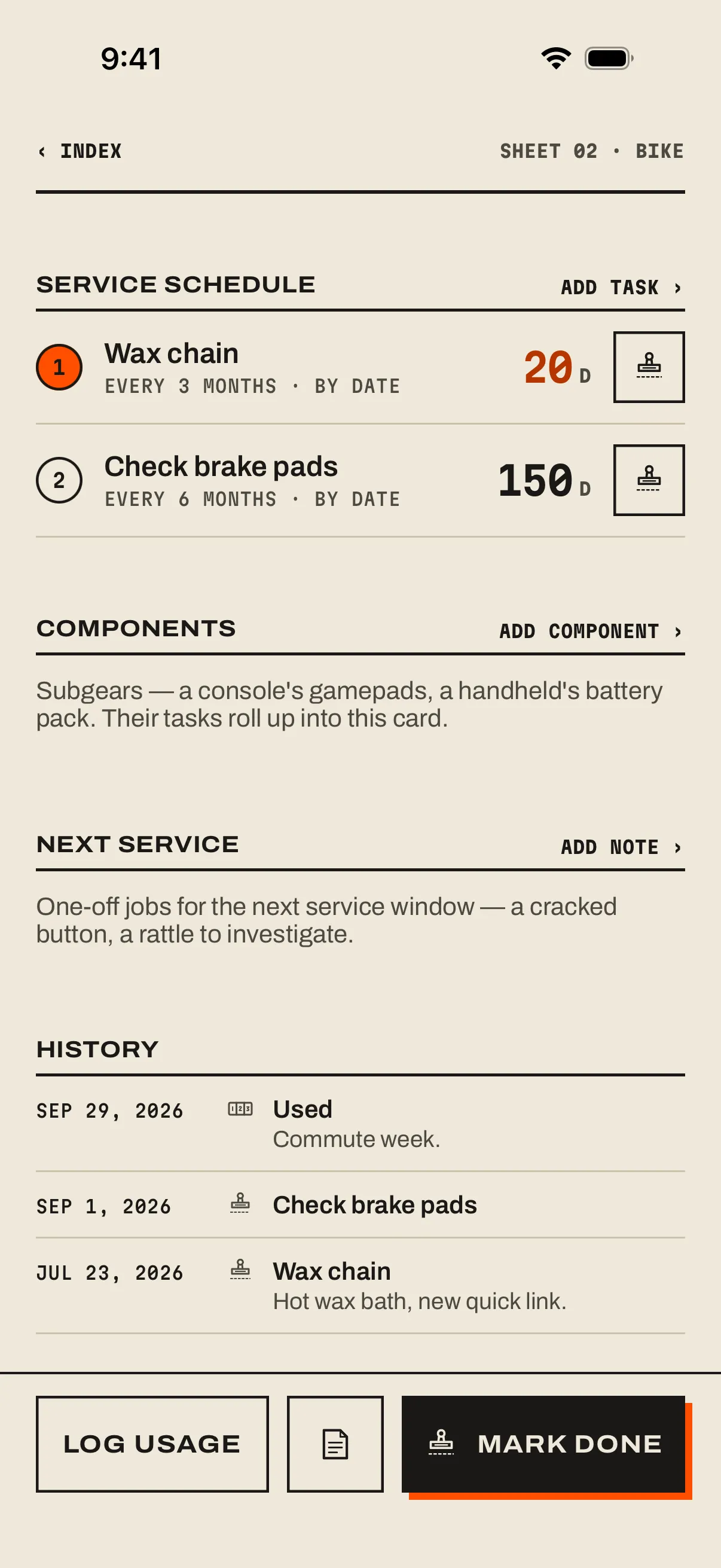 Further down the Commuter e-bike page: Service schedule with two jobs, Components, Next service and History.