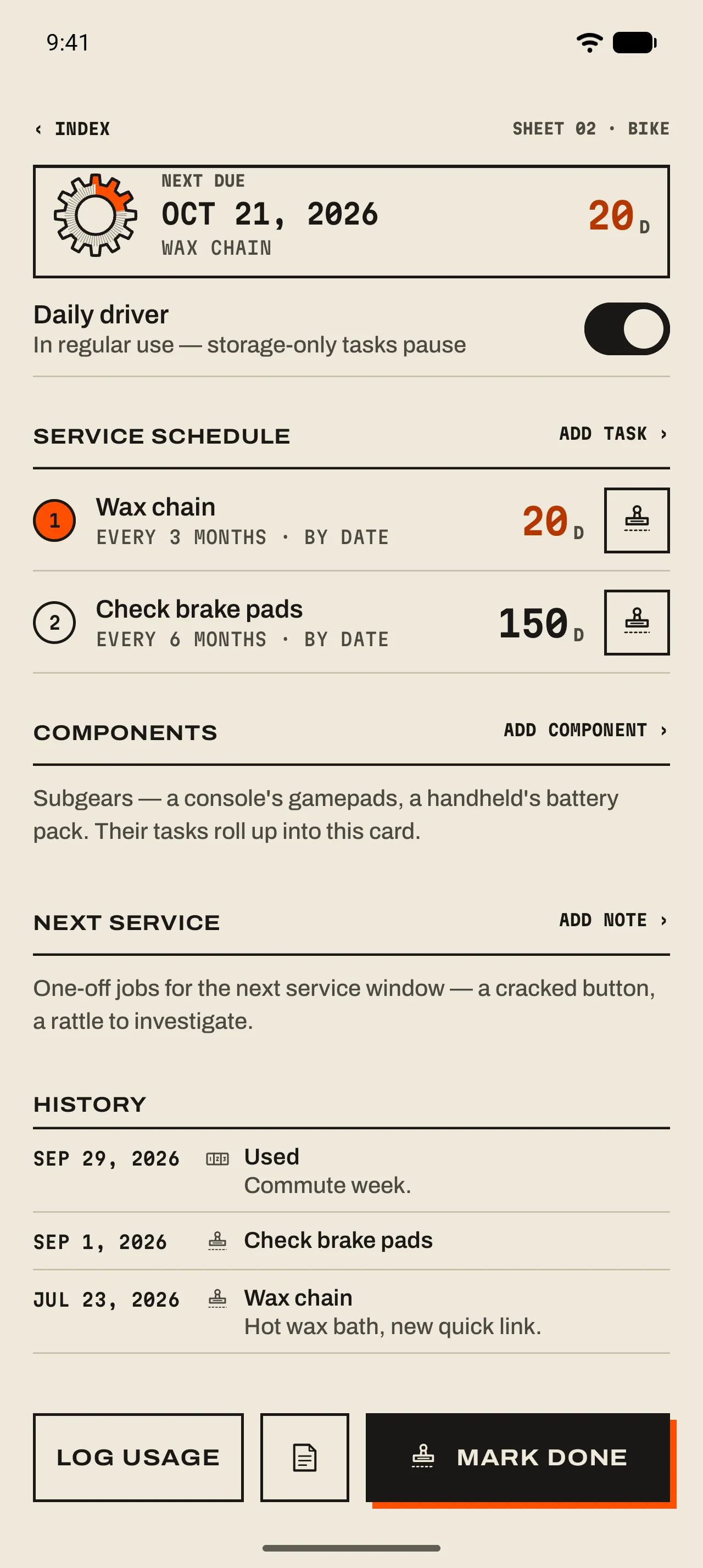 Further down the Commuter e-bike page: Service schedule with two jobs, Components, Next service and History.