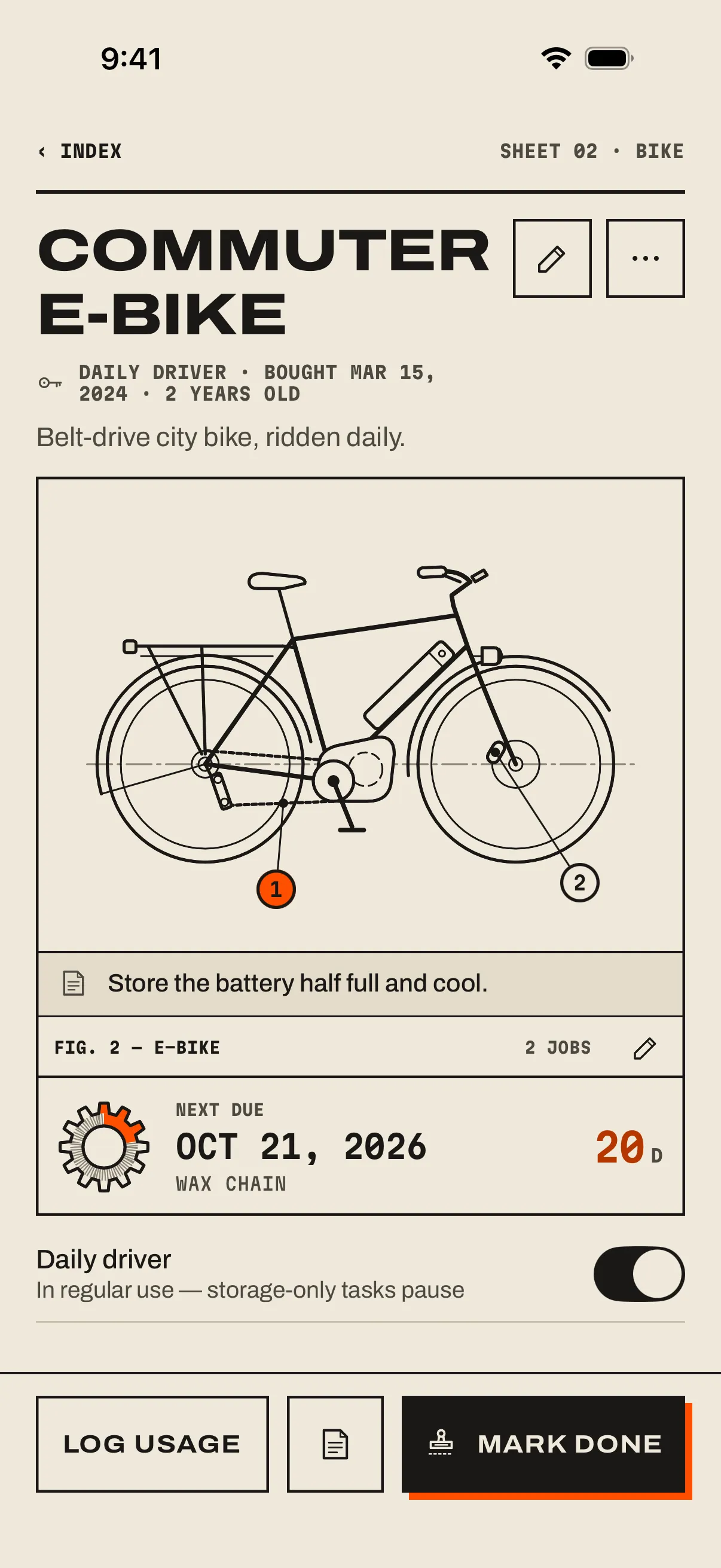 The Commuter e-bike page: title, the spec line Daily driver · Bought Mar 15, 2024 · 2 years old, notes, the e-bike drawing with balloons 1 and 2, the owner’s tip, the next-due row, the Daily driver toggle and the bottom bar.