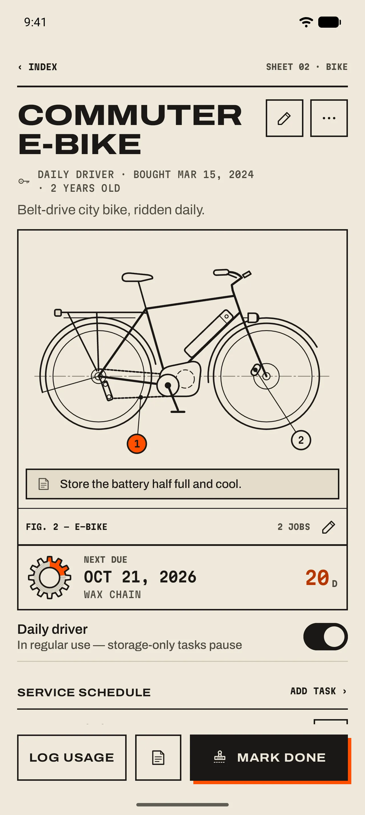 The Commuter e-bike page: title, the spec line Daily driver · Bought Mar 15, 2024 · 2 years old, notes, the e-bike drawing with balloons 1 and 2, the owner’s tip, the next-due row, the Daily driver toggle and the bottom bar.