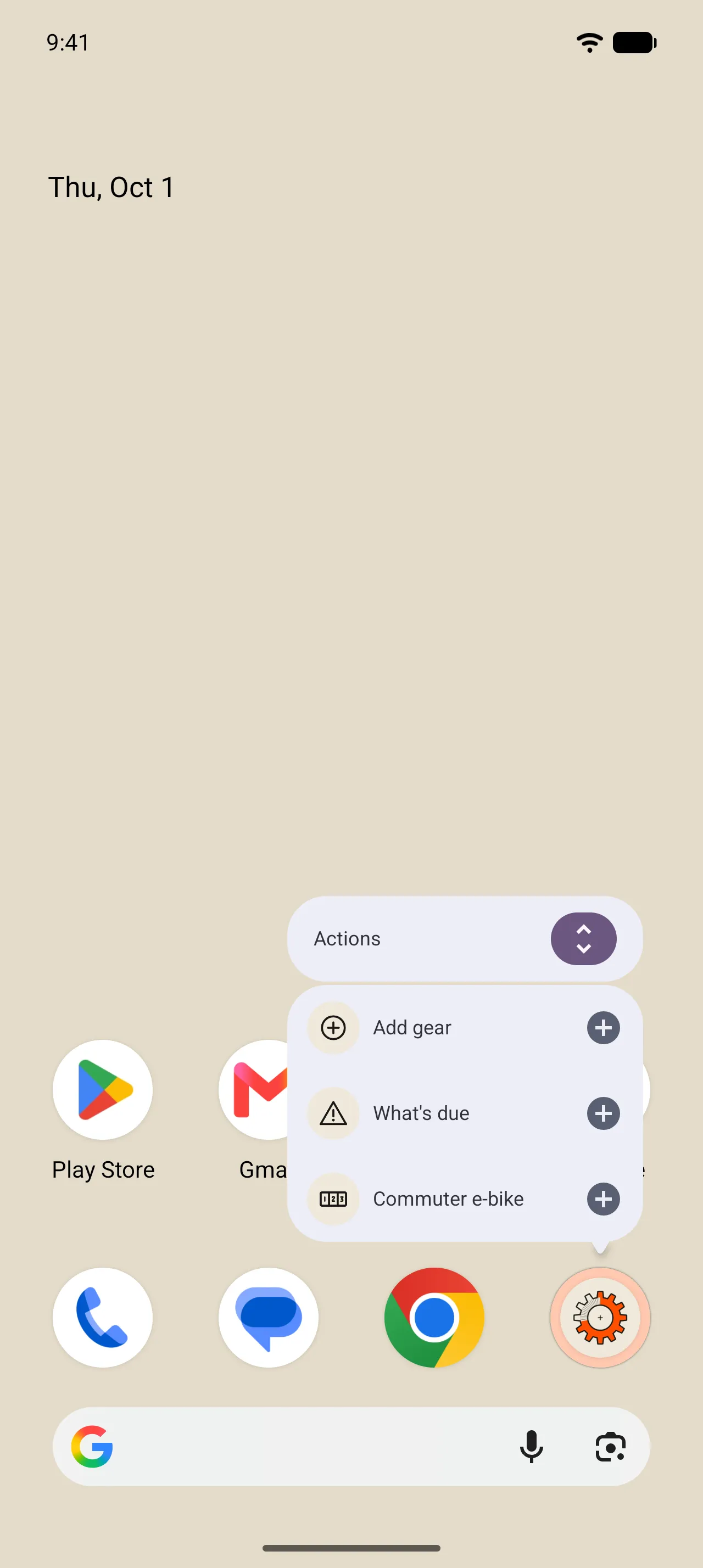 GearKit’s long-press menu on the Android home screen: Add gear, What’s due and Commuter e-bike.