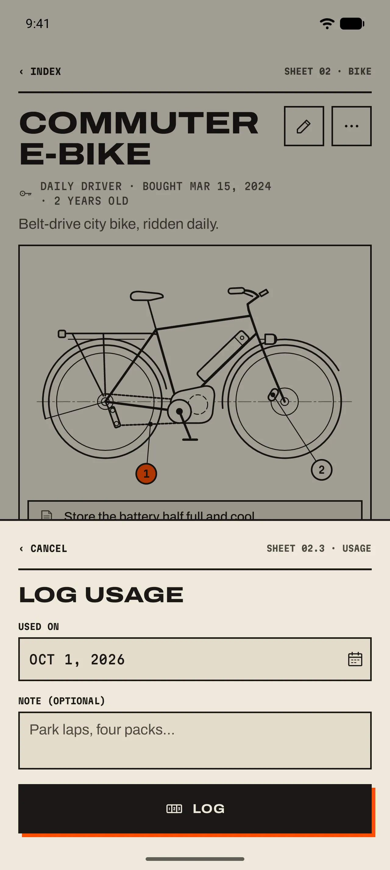 The Log usage sheet over the Commuter e-bike page: Used on Oct 1, 2026, Note (optional) with the placeholder Park laps, four packs…, and the Log button.