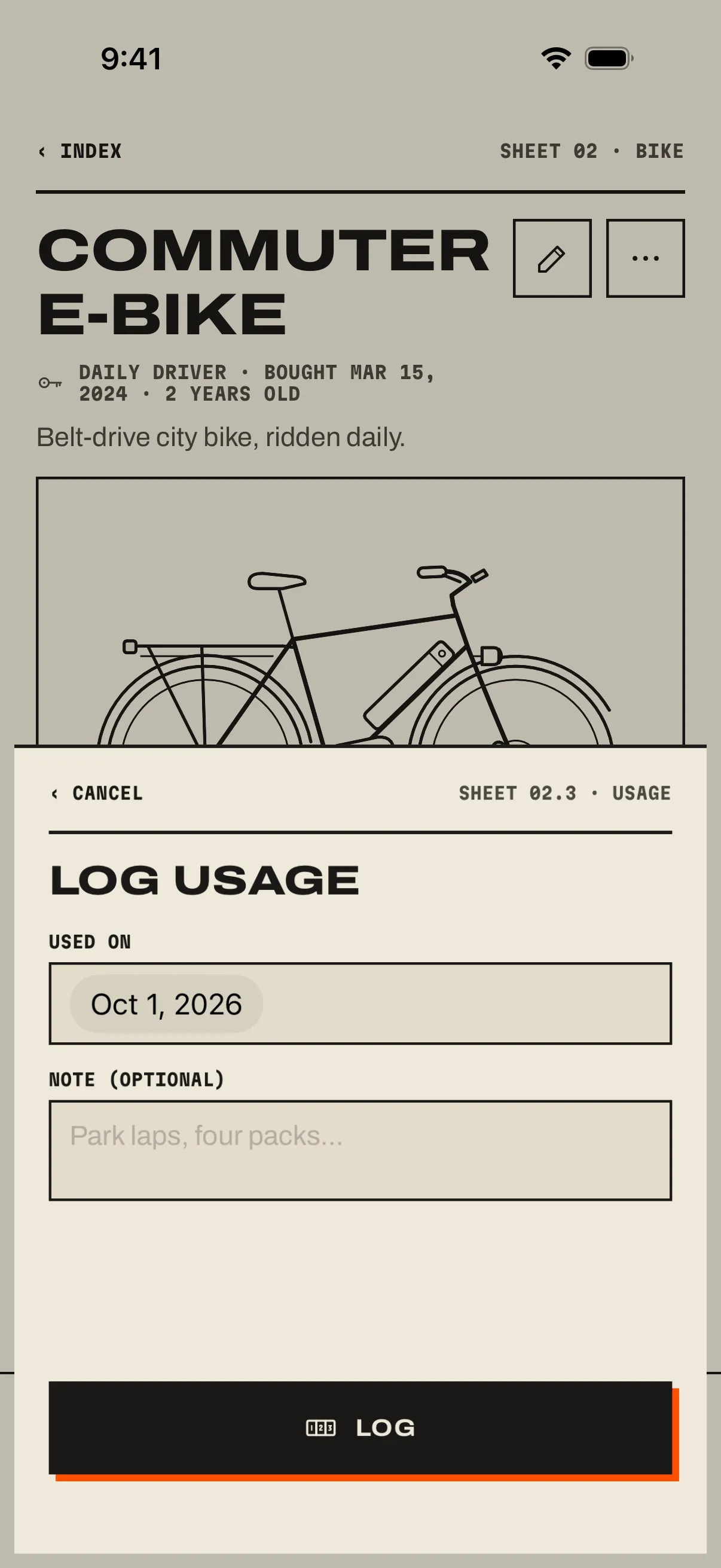 The Log usage sheet over the Commuter e-bike page: Used on Oct 1, 2026, Note (optional) with the placeholder Park laps, four packs…, and the Log button.