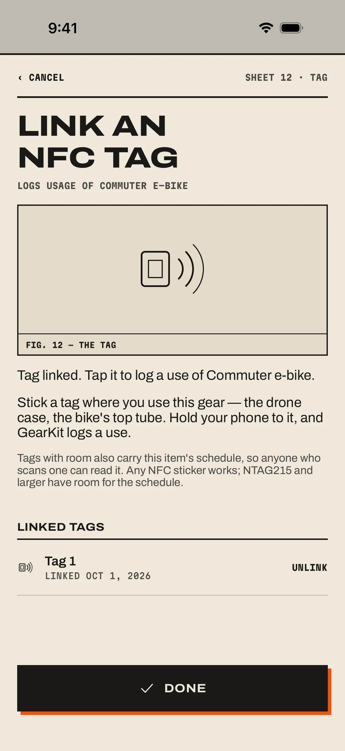 The Link an NFC tag sheet for the Commuter e-bike: the tag drawing, Tag linked. Tap it to log a use of Commuter e-bike., the note that tags with room carry the schedule, and Tag 1 under Linked tags.