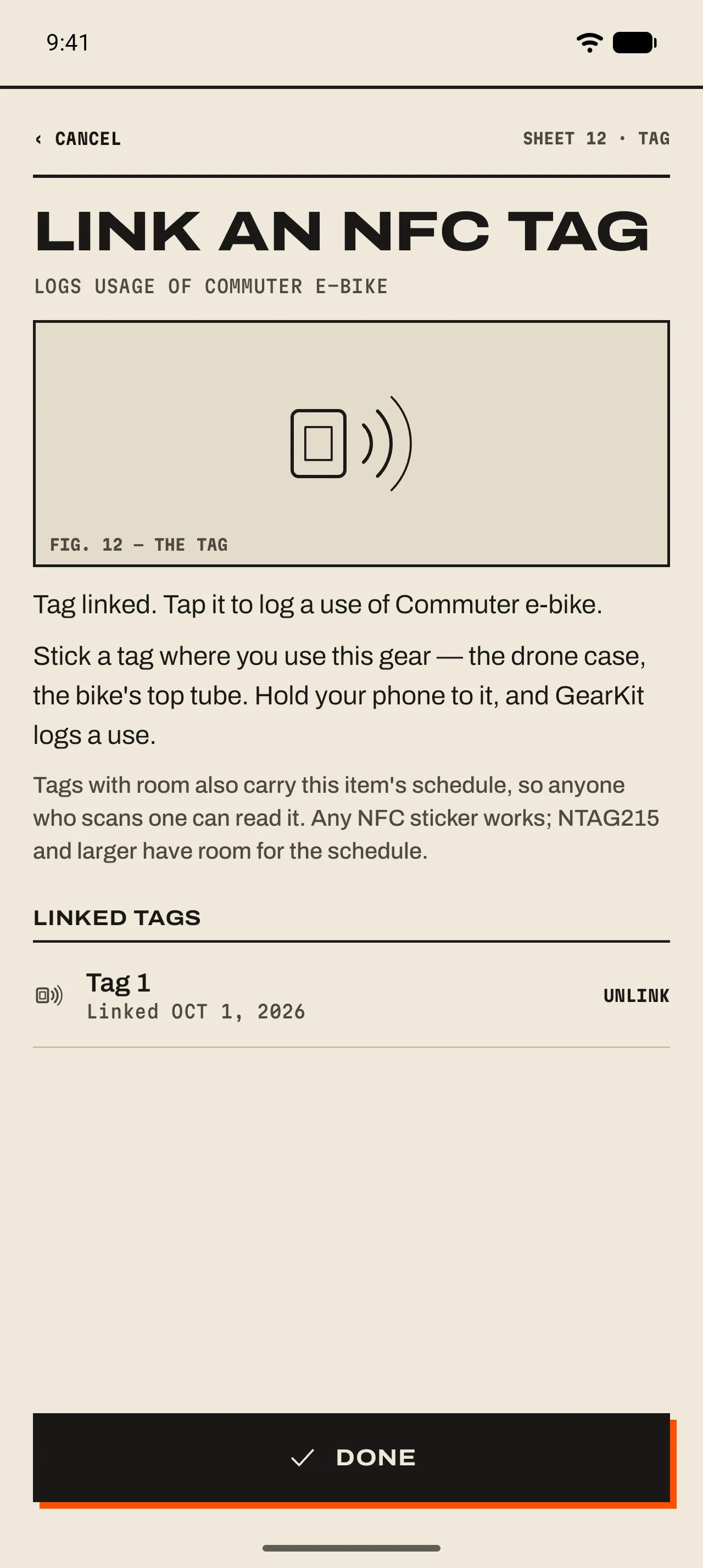 The Link an NFC tag sheet for the Commuter e-bike: the tag drawing, Tag linked. Tap it to log a use of Commuter e-bike., the note that tags with room carry the schedule, and Tag 1 under Linked tags.