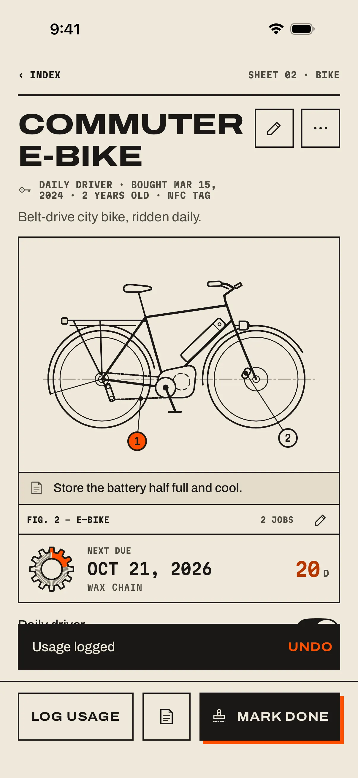 The Commuter e-bike page after holding the phone to its tag: the spec line ends in NFC TAG and the slip at the bottom says Usage logged with Undo.