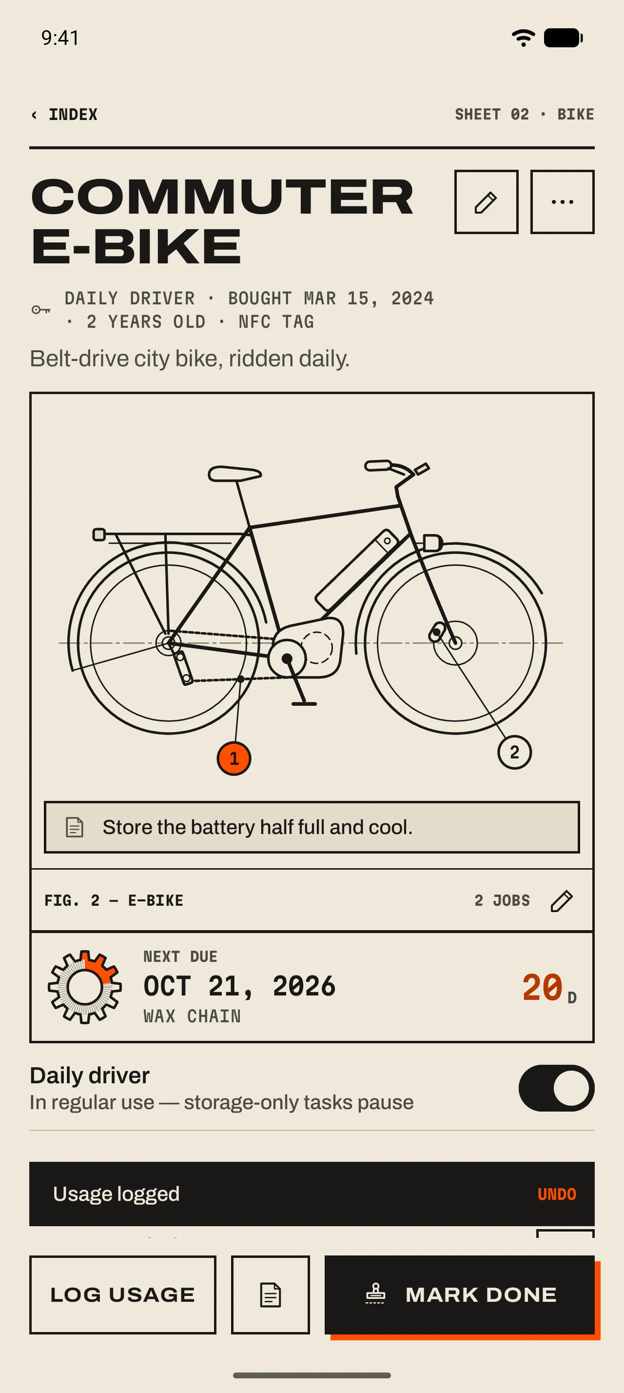 The Commuter e-bike page after holding the phone to its tag: the spec line ends in NFC TAG and the slip at the bottom says Usage logged with Undo.
