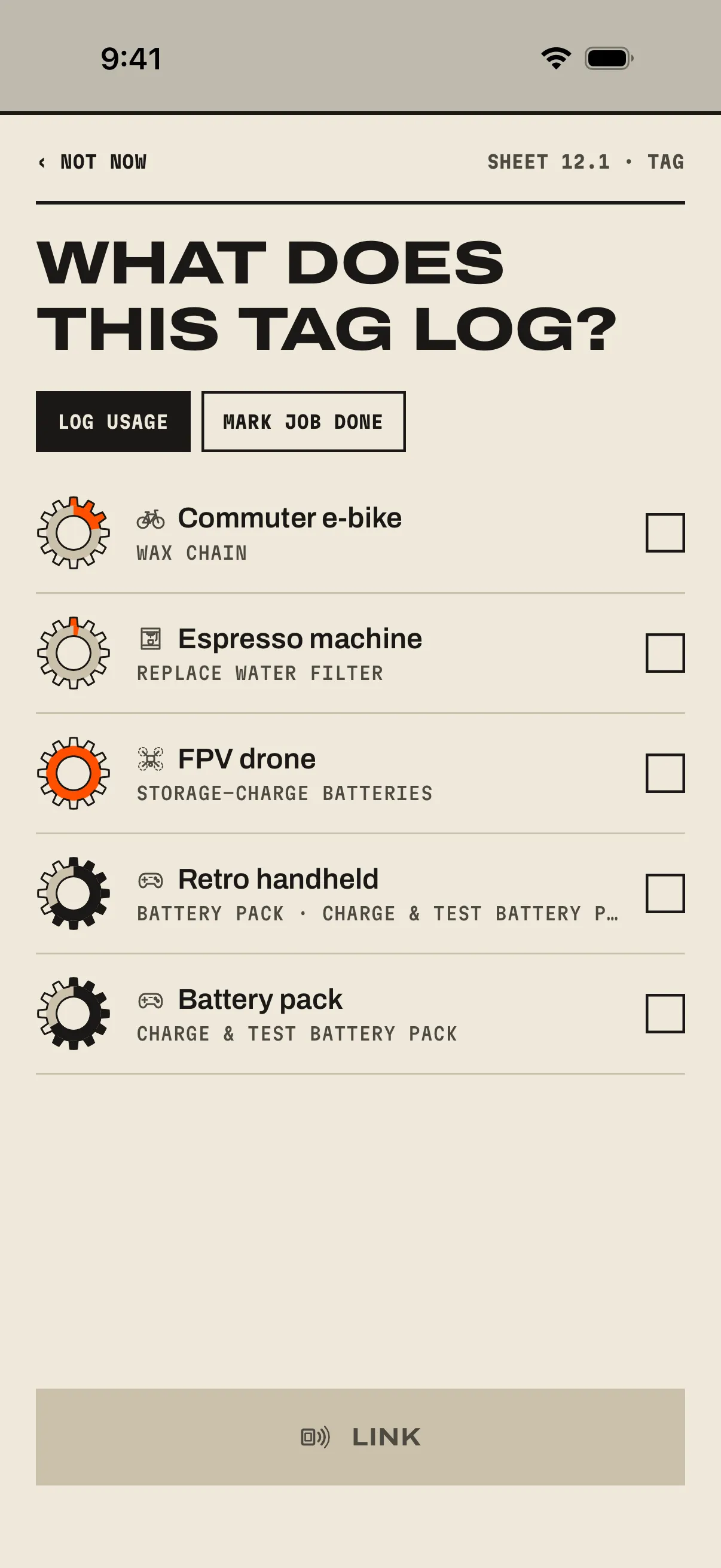 What does this tag log? with the Log usage and Mark job done tabs and a list of gear to pick from, and the Link button.