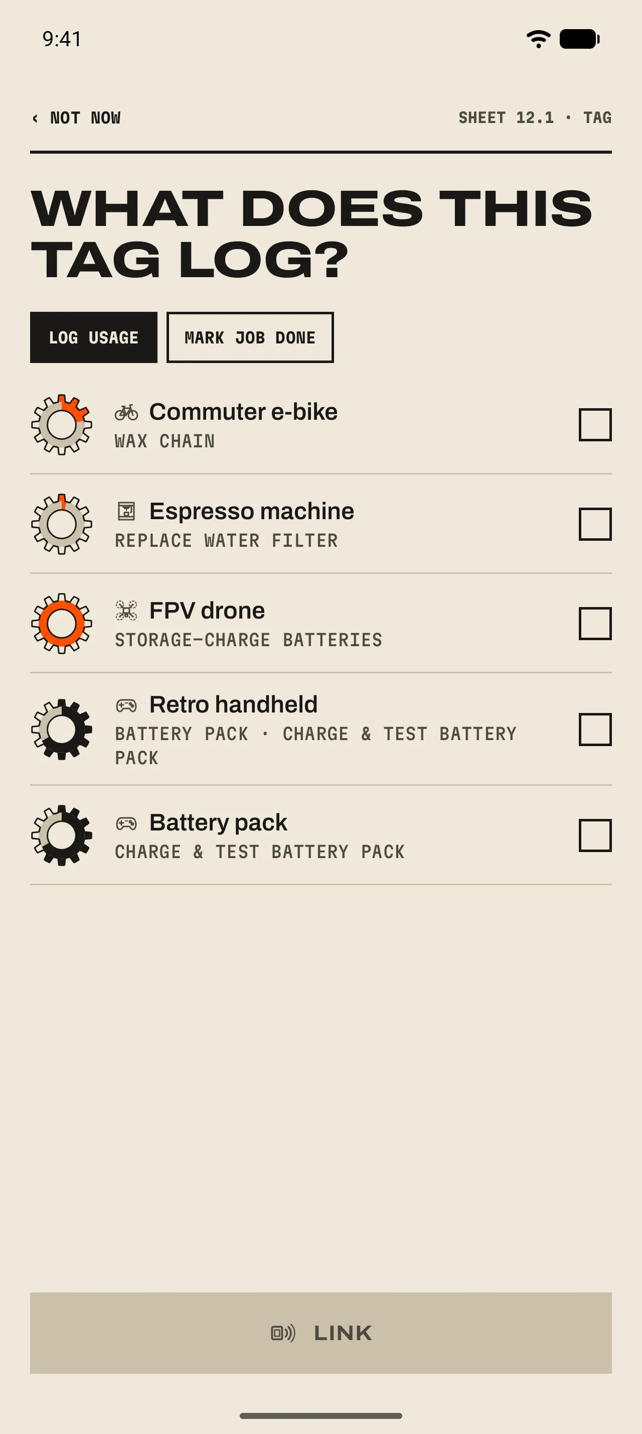 What does this tag log? with the Log usage and Mark job done tabs and a list of gear to pick from, and the Link button.