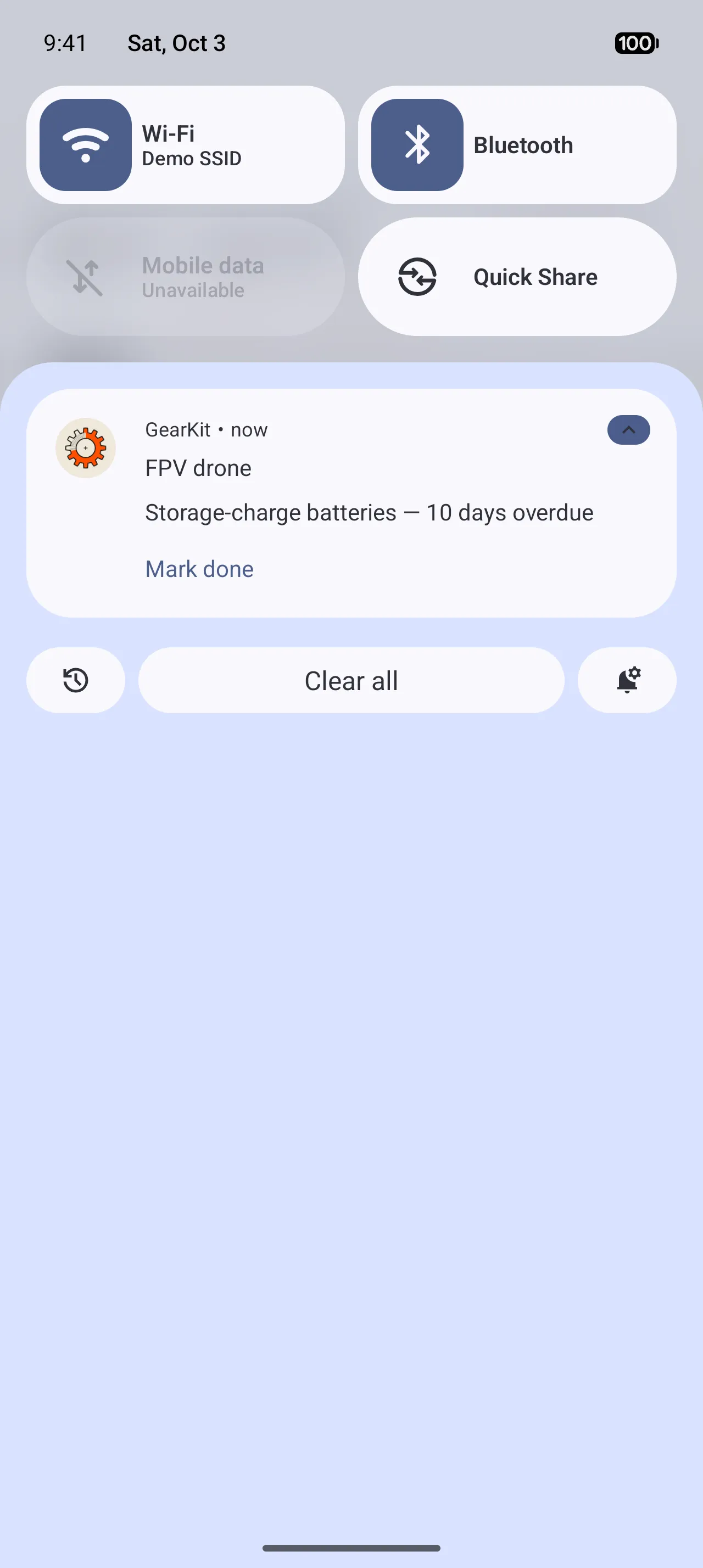 A GearKit reminder for the FPV drone: Storage-charge batteries — 10 days overdue, with the Mark done action.