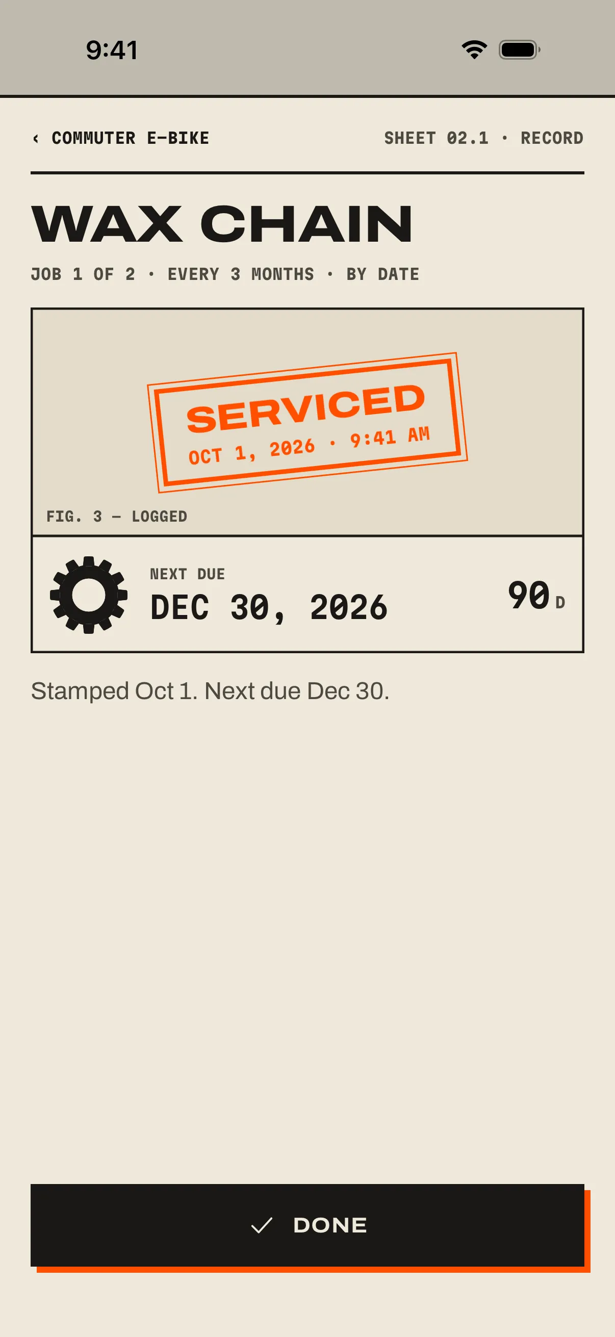 The service record after marking Wax chain done: a Serviced stamp with the date, and the next due date 89 days out.