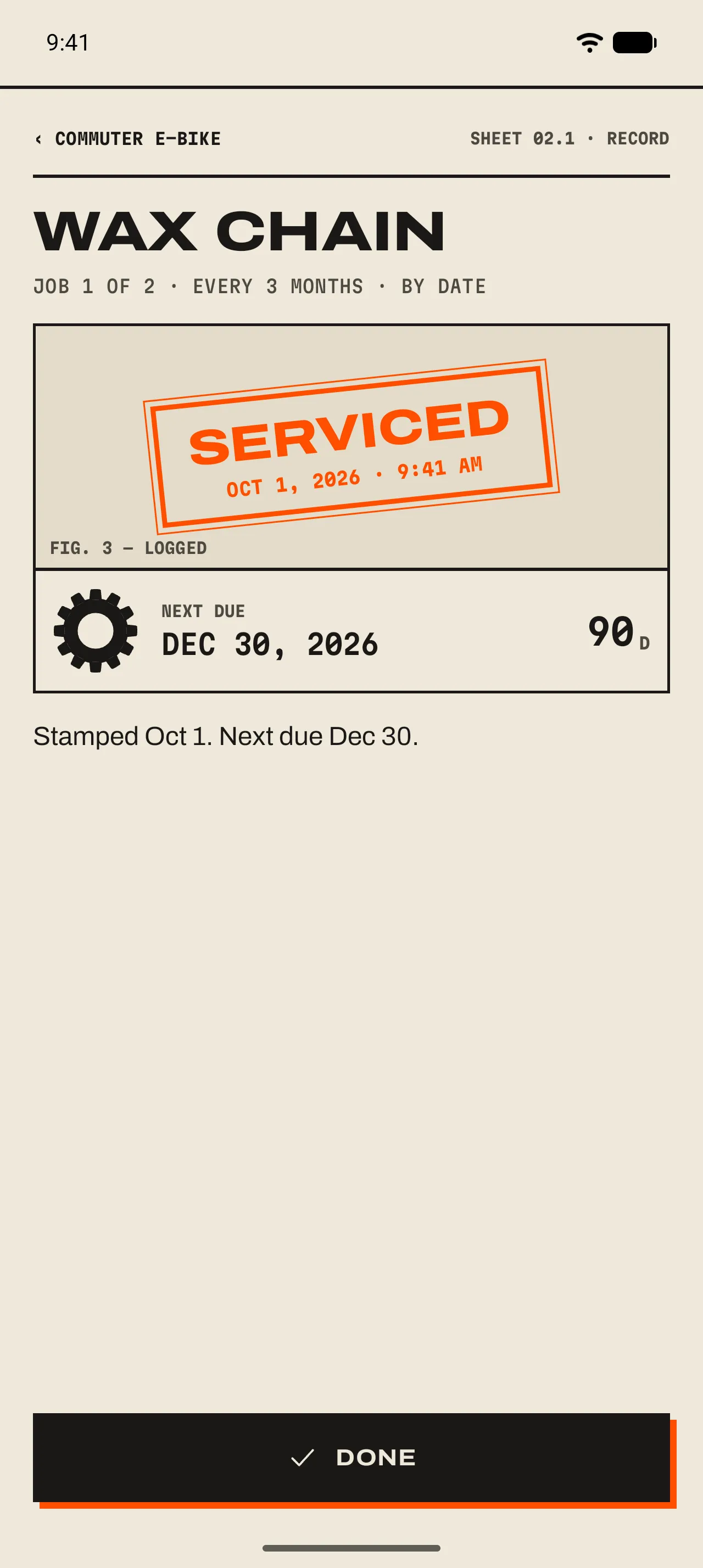 Android: the service record for Wax chain on Commuter e-bike after saving, with a Serviced stamp dated Oct 1, 2026 at 9:41 AM, next due Dec 30, 2026 in 90 days, and the Done button.