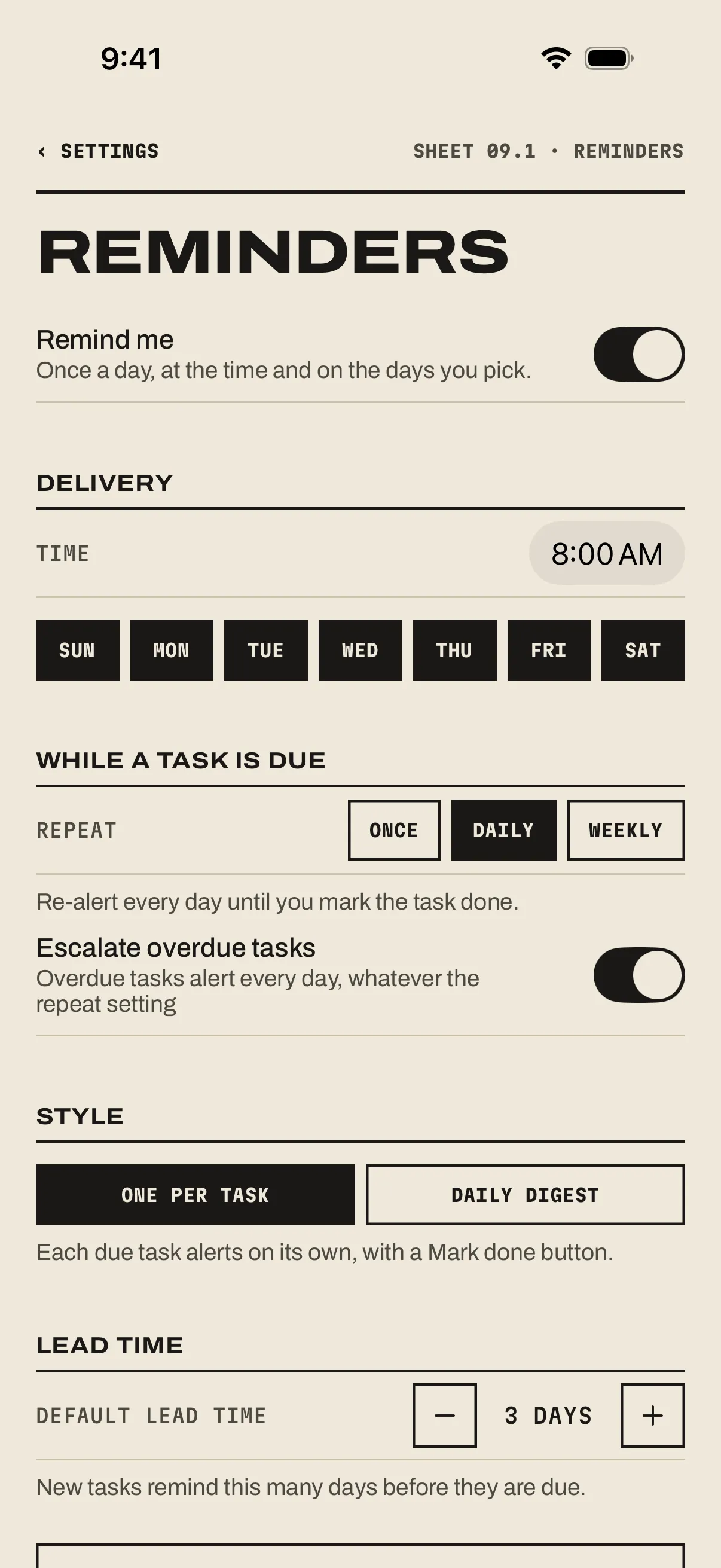 The Reminders sheet: Remind me on, Delivery at 8:00 AM on every day of the week, Repeat Daily, Escalate overdue tasks on, Style One per task, and a default lead time of 3 days.