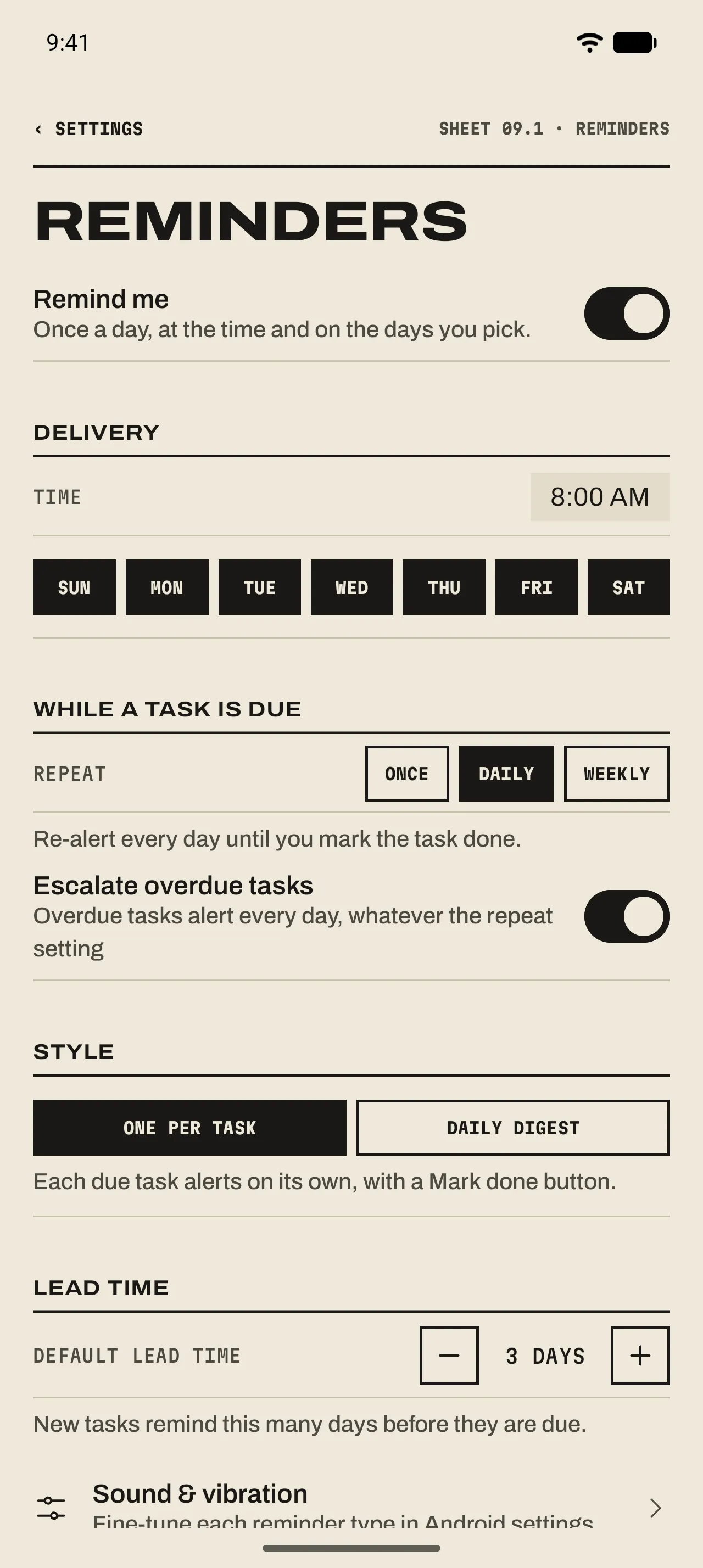 The Reminders sheet: Remind me on, Delivery at 8:00 AM on every day of the week, Repeat Daily, Escalate overdue tasks on, Style One per task, and a default lead time of 3 days.