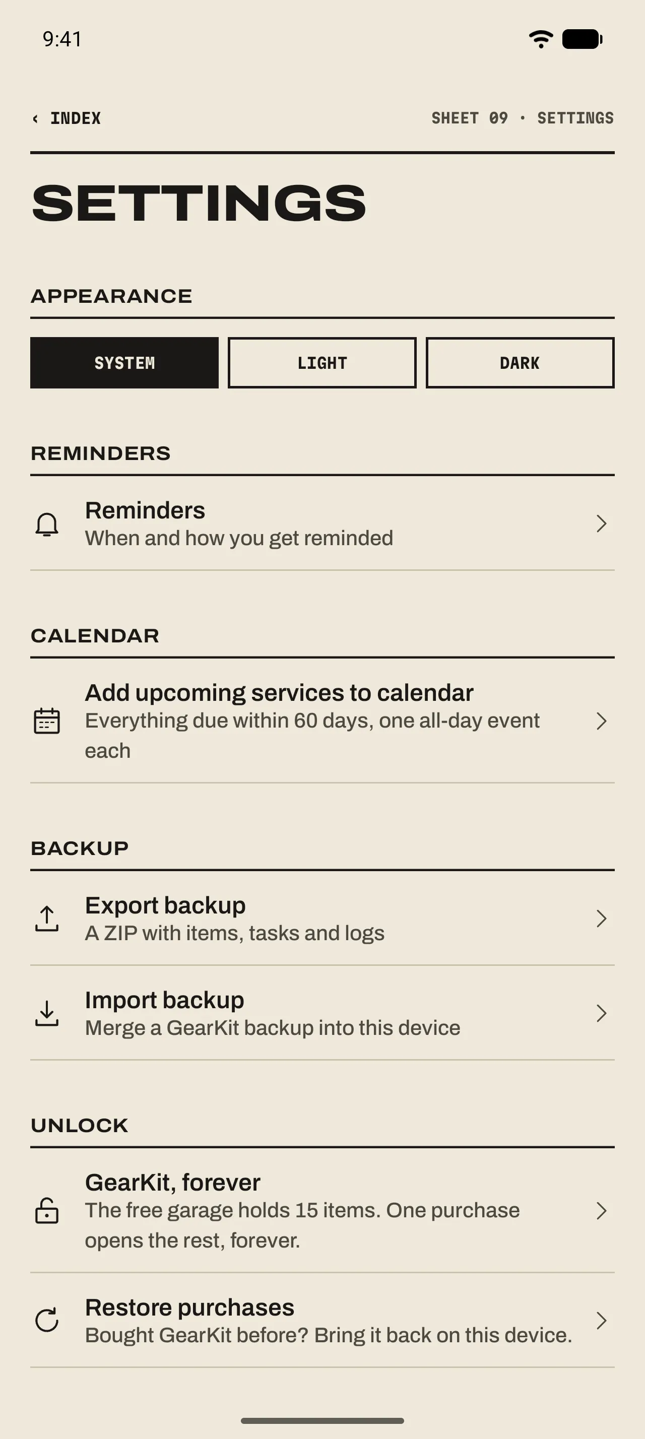 Settings: Appearance, Reminders, Calendar with Add upcoming services to calendar, Backup with Export backup and Import backup, and Unlock with GearKit, forever and Restore purchases.