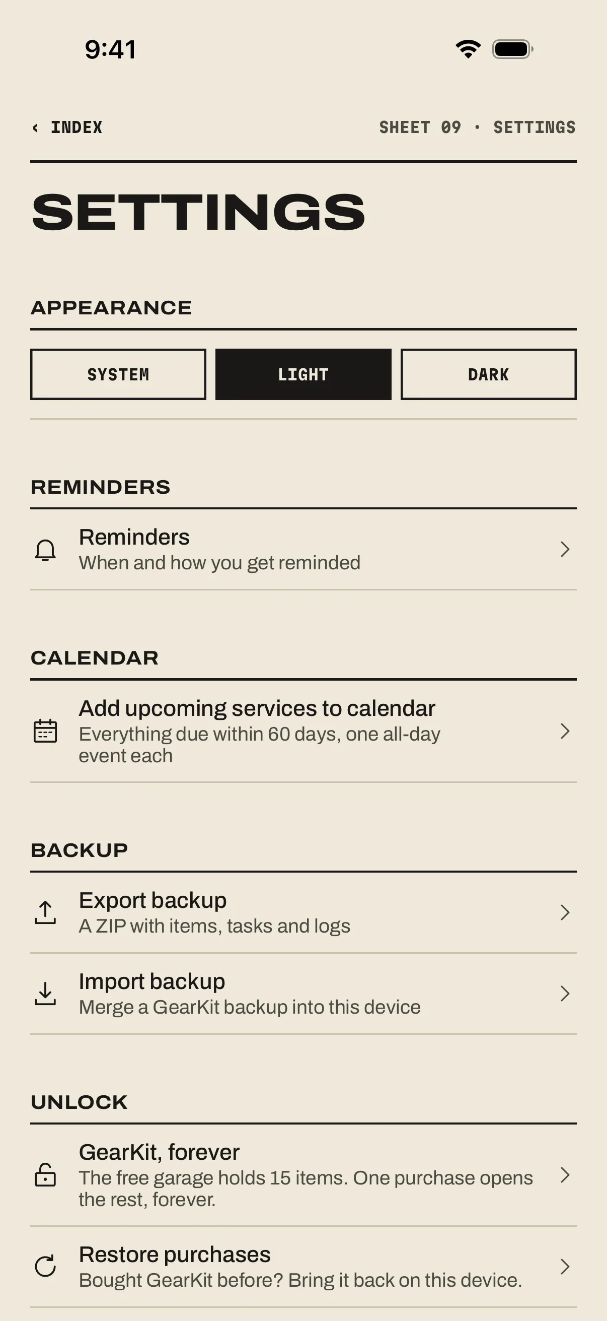 Settings: Appearance, Reminders, Calendar with Add upcoming services to calendar, Backup with Export backup and Import backup, and Unlock with GearKit, forever and Restore purchases.