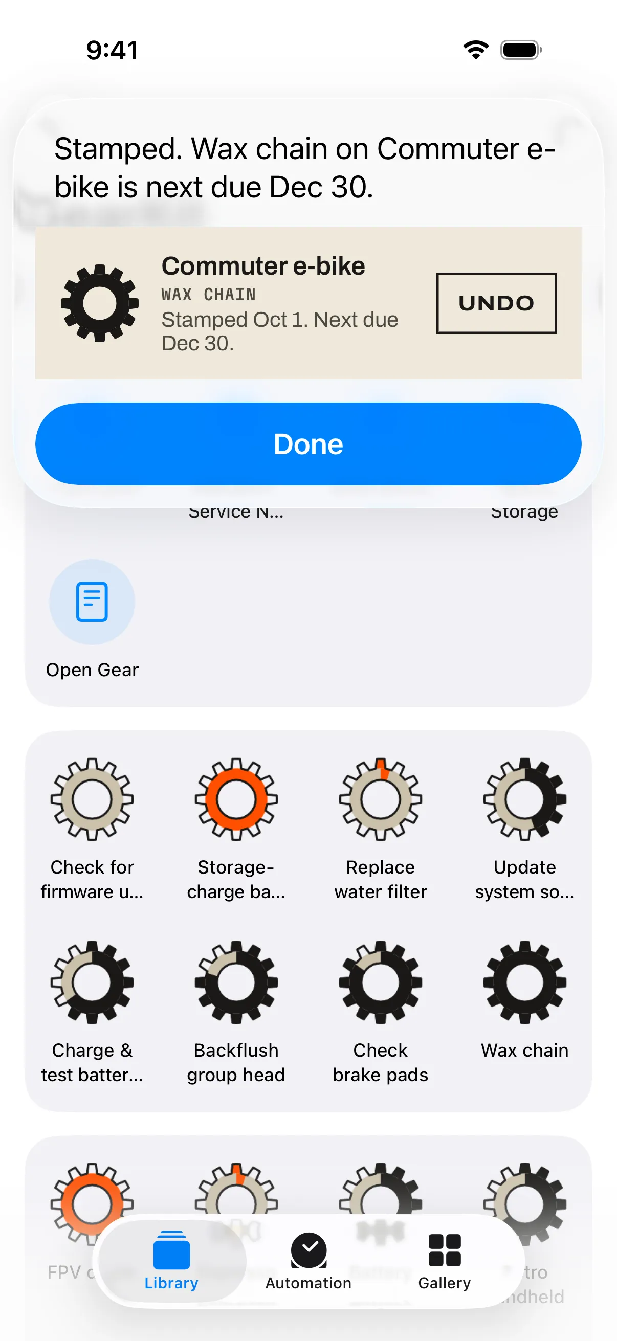 Siri’s reply after “Mark Wax chain done in GearKit”: Stamped. Wax chain on Commuter e-bike is next due Dec 30, with the gauge, Stamped Oct 1. Next due Dec 30, and an Undo button.