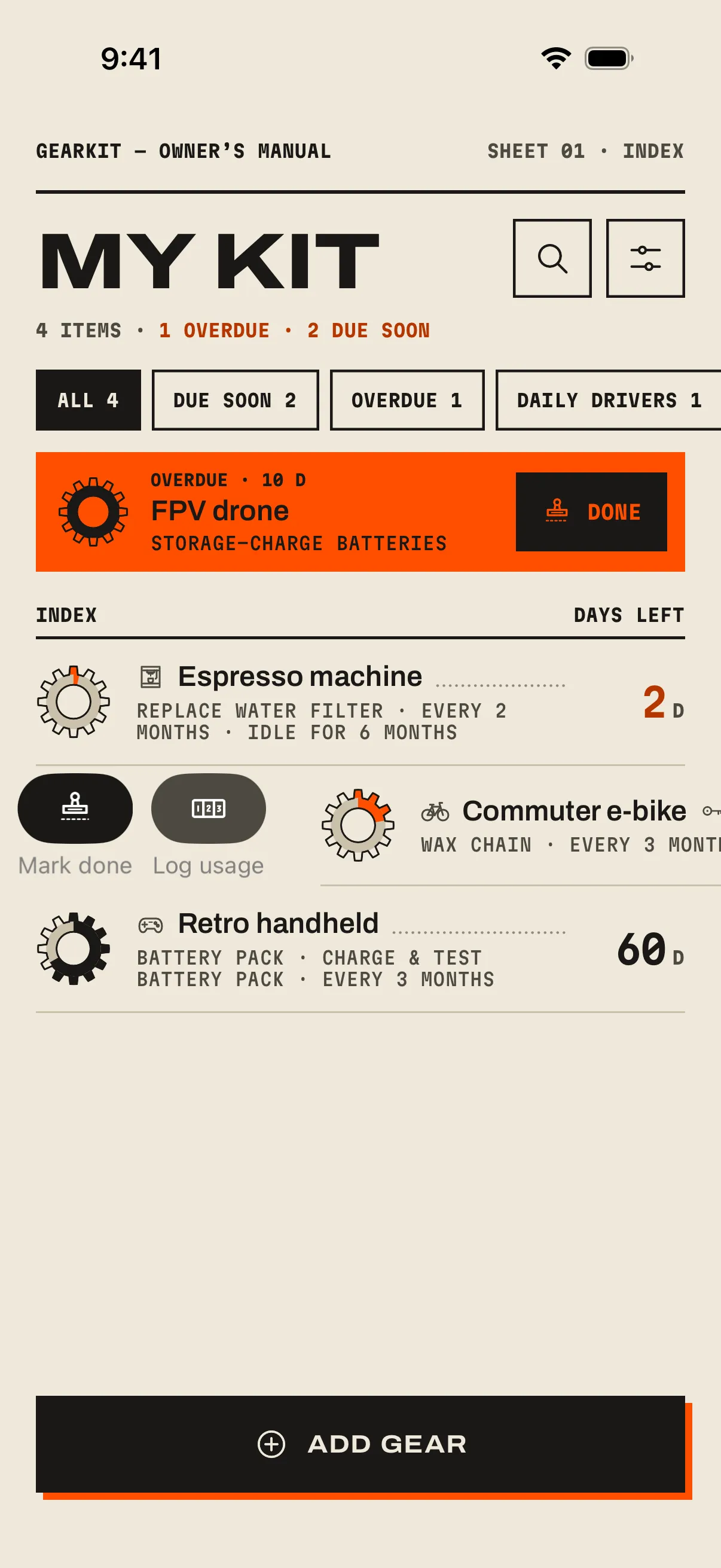 Home with the Commuter e-bike row swiped to the right, showing Mark done and Log usage.