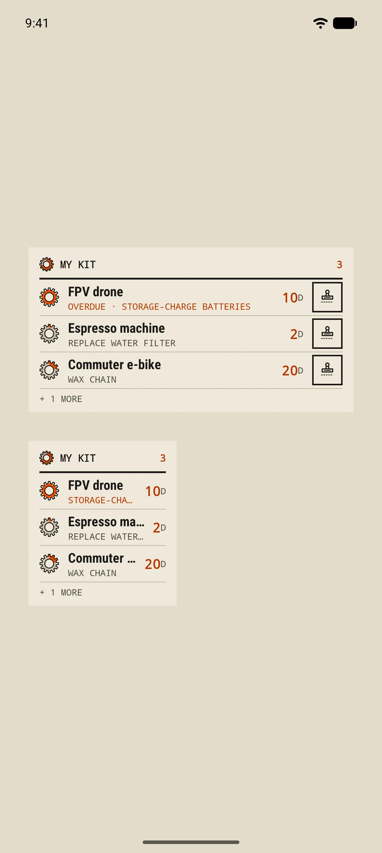 Two GearKit widgets, 4 × 2 and 2 × 2, each headed My kit 3: FPV drone overdue, Espresso machine, Commuter e-bike, then + 1 more.